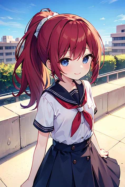 masterpiece, best quality, 1girl, elementary school student, long hair, ((red hair)), long hair, ponytail, blue eyes, on the the roof of a hospital, ((fence)), (high railing)), wearing a surgery clothes, ((detail face)), ((expressionless)), in the hospital...