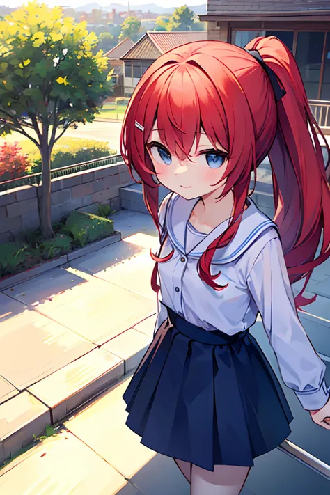 masterpiece, best quality, 1girl, elementary school student, long hair, ((red hair)), long hair, ponytail, blue eyes, on the the roof of a hospital, fence, leaning against the roof railing, ((standing on the roof)), wearing a surgery clothes, ((detail face...