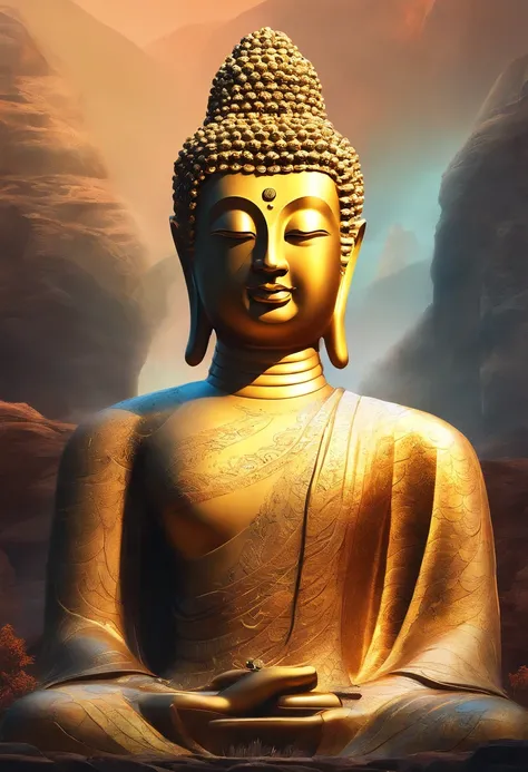 BUDDHA STATUE, stone, Texture, Tall, Majestic, The background is illuminated by sunlight，inverted image，Lateral face