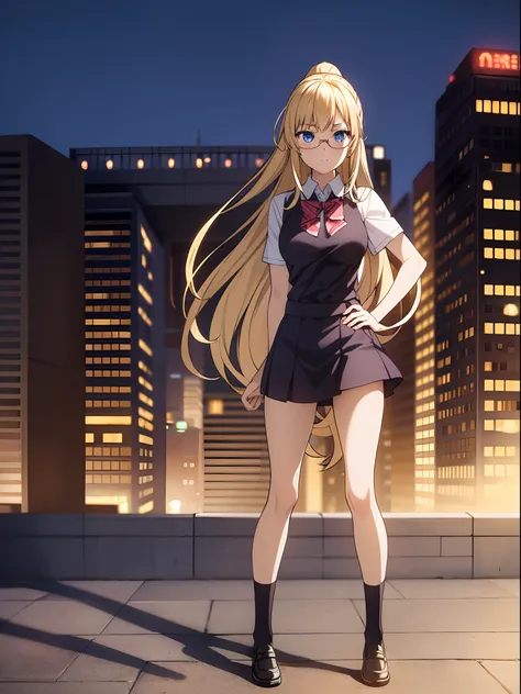 masterpiece, best quality, highres, 1girl, solo, high school uniform, bare legs, looking at viewer, light particles, city backdrop, perfect hands, perfect eyes, perfect legs, perfect arms, perfect fingers, blonde hair, blue eyes, medium breasts, long hair,...