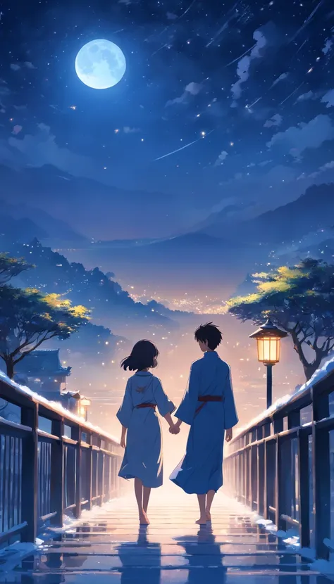 Moonlit Alafis with a bridge and a couple, a picture inspired by Zhu Derun, trending on pixabay, romanticism lain, holding hands in the moonlight, moonlight snowing, illustration!, Moonlight snow, boy girl traditional romance, xianxia fantasy, Chinese fant...