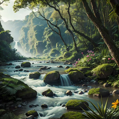 A beautiful jungle with river, relective, rocks, plants, wild flowers, wild grass, 8k, printable --auto