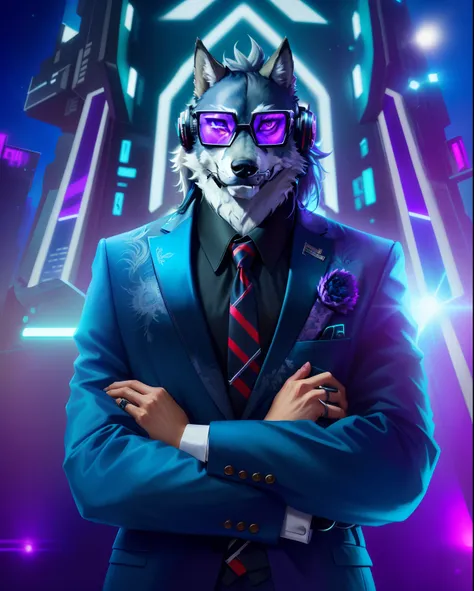 A close-up of a man in a suit and tie，A wolf is worn on his head, Anthropomorphic cyberpunk wolf, Wear stylish headphones and glasses，facing at camera，fursona wearing stylish clothes, POV furry art, furry digital art, weirdcore voidpunk fursona, fursona ar...