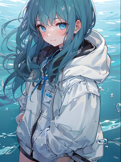 ((top quality)), ((masterpiece)), ((super detail)), (very delicate and beautiful), girl, solo, cold demeanor, ((black jacket)), she looks very (relaxed) and (calm), black hair, depth of field, evil smile, stirrups, underwater, air bubble, light blue eyes, ...