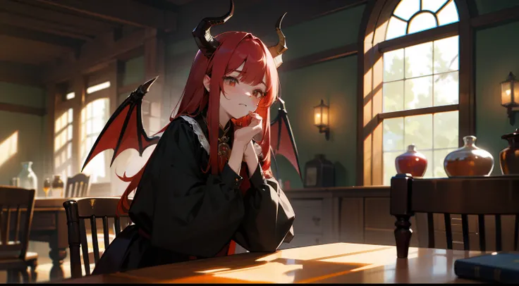 one-girl，black-clad，Red-haired demon，There is a pair of dragon wings on the back，Western fantasy，Fairytales，There is a pair of dragon horns on the head，Expression thinking，shake one’s head，Hands on cheeks，Propped his elbows on the table，Look at a dwarf，Sta...