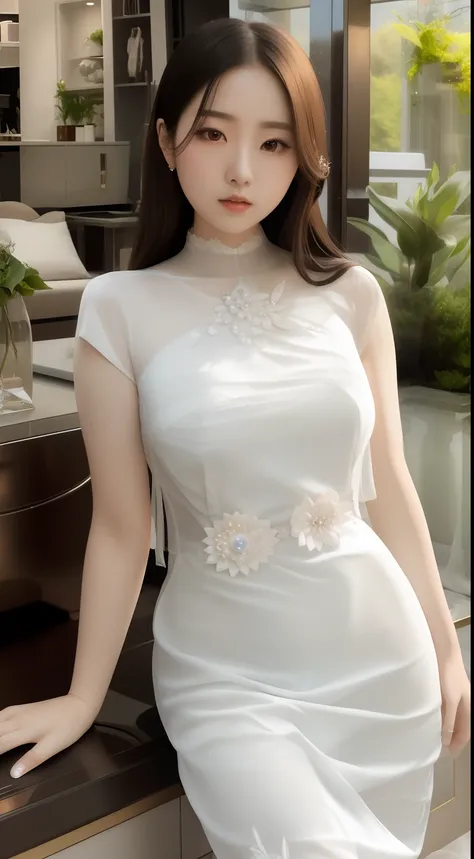 araffe asian woman in white dress posing for a picture, pale milky white porcelain skin, smooth white tight clothes suit, high delicate defined details, spellbinding，spellbinding, digital art of an elegant, Gorgeous young Korean woman, translucent silky dr...