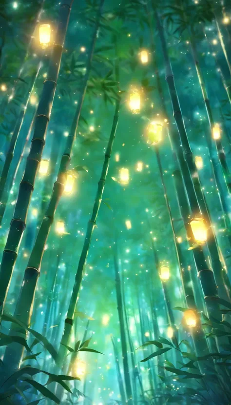 Silent night, Quiet bamboo forest, Bamboo leaves fall in the wind, Full moon in the sky, fireflies flying