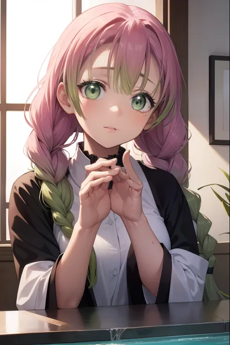 mitsurikanroji, mitsuri kanroji, braid, gradient hair, (green eyes:1.5), green hair, long hair, mole,  mole under eye, multicolored hair, pink hair, twin braids, two-tone hair
BREAK looking at viewer,
BREAK indoors, pool,
BREAK (masterpiece:1.2), best qual...