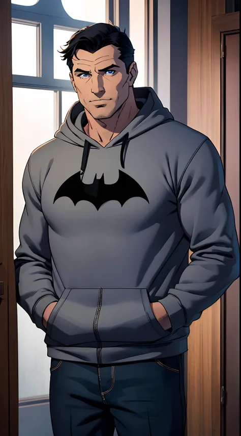 1 man, bruce wayne (batman), muscular male, daddy, large pectorals, male focus, middle-aged man, black hair, short hair, blue ey...