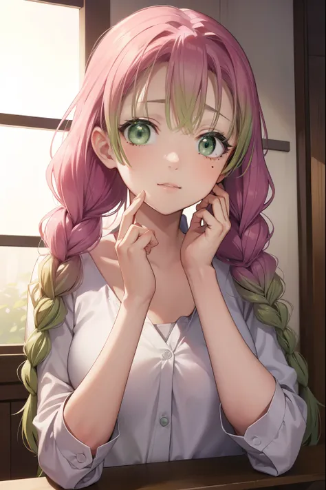 mitsurikanroji, mitsuri kanroji, braid, gradient hair, (green eyes:1.5), green hair, long hair, mole,  mole under eye, multicolo...