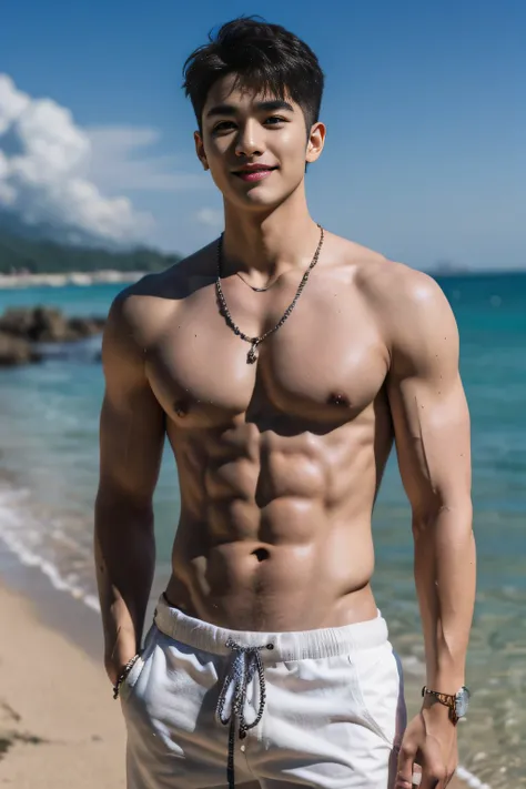 realistic, (masterpiece, top quality, best quality, official art), very detailed, colorful, most detailed, god, short hair, black hair, handsome man, sea, necklace, beach, pectoral, abs, brown skin, blue eyes, handsome smile, muscular, ((wide shoulders nar...