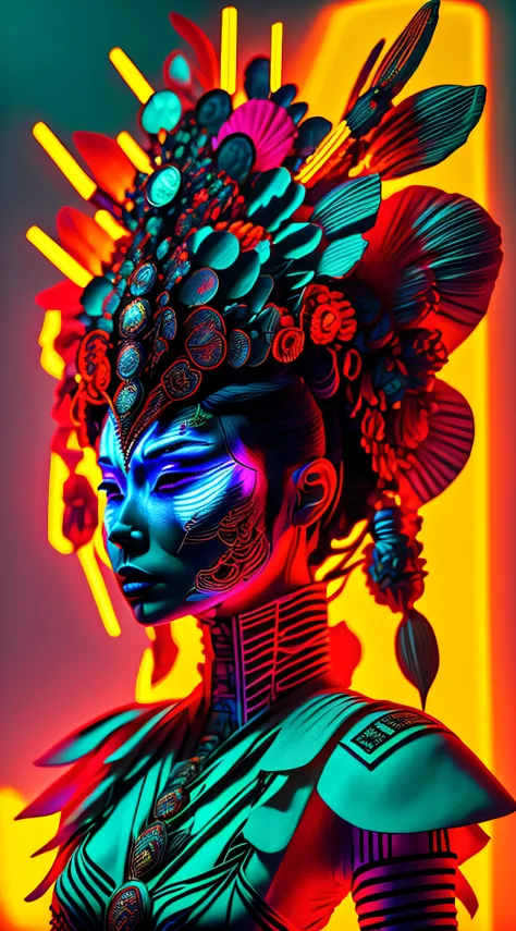 a woman with a neon makeup and headdress , transgressive art,  sharp focus, 8 k, octane render ,  saturated colors, pastel color...