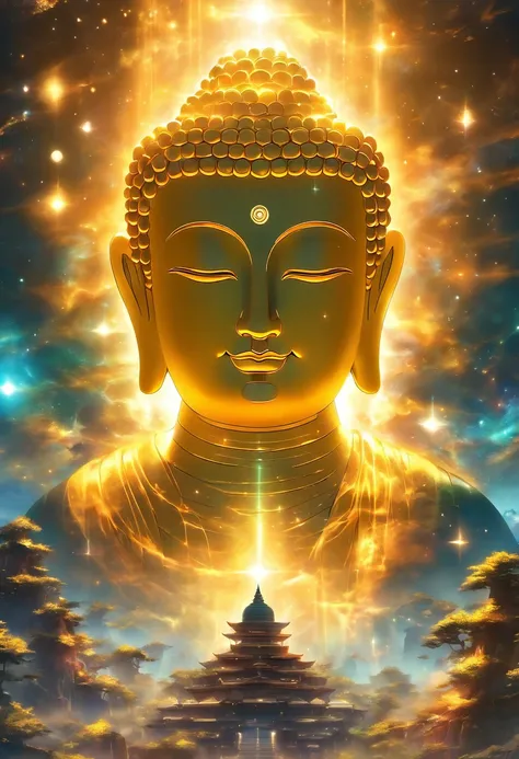 Huge transparent Buddha head looking at an earthy yellow planet in the universe，Glow effects，OC rendering