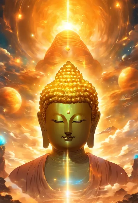 Huge transparent Buddha head looking at an earthy yellow planet in the universe，Glow effects，OC rendering