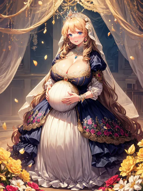 (masterpiece, best quality,extremely detailed:1.1),(moe anime art style:1.2),1girl,((full body,focus face)),((solo)), cute, kawaii,digital art,((1 bling-bling pregnant princess wearing beautiful embroidery and jeweled gorgeous princess rococo ballgown with...