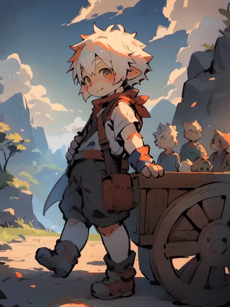 A little boy in beautiful and enchanting scenery with an oxcart on the road, trending on artstation pixiv, Guviz-style artwork, Very handsome， Guviz, Guweiz on ArtStation Pixiv, young male anthro dragon，White scales，White hair，long distance photo，male peop...