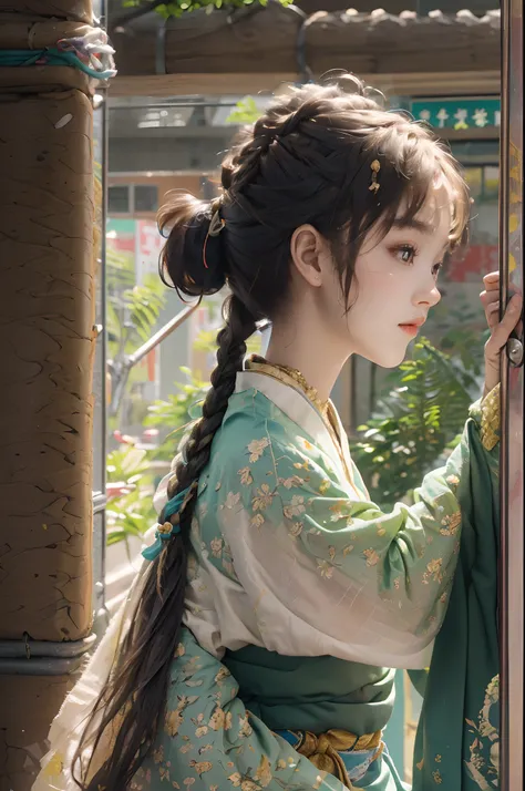 ((1girll)),((Building)), Braided bangs,braidedponytail,(Solo:1.2), Bare hair, 16 yaers old,view the viewer, Sunlight,Hanfu, Chengqiang,