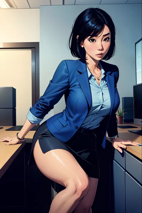 40 year old asian woman, staring, short black hair, wearing a blue office jacket, blue office skirt, no background,