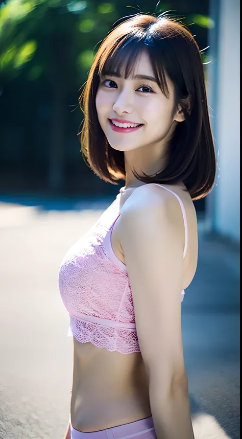 solofocus, 1girl in, (light  smile:0.8), [:(extra detailed face):0.1], Detailed eyes,// (Lucheng, Arena),// (Pink underwear, With lace, cropped shoulders, No shoulder strap), //  Black and brown hair, Long hair, Flat bangs,// Cinematic light, Ray tracing, ...