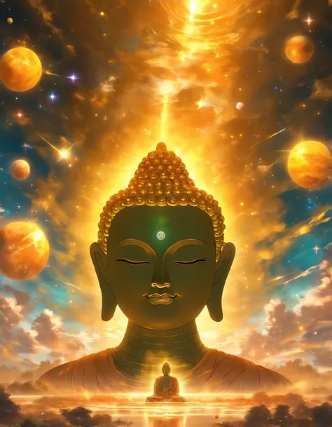 The giant transparent Buddha head looks at an earthy yellow planet in the universe，Glow effects，oc rendered