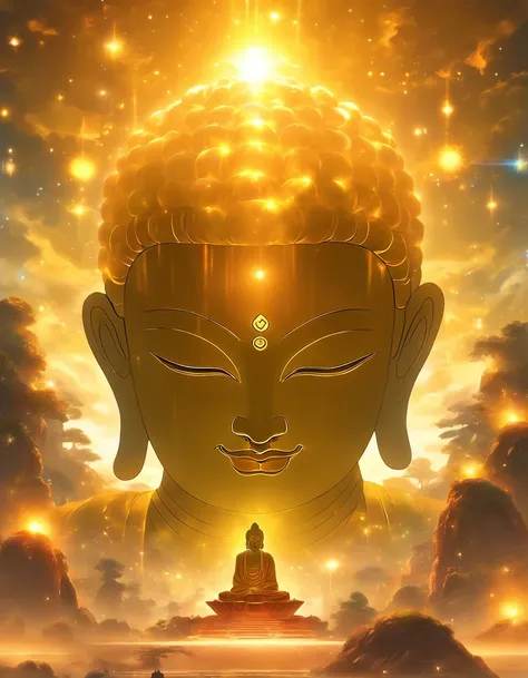 The giant transparent Buddha head looks at an earthy yellow planet in the universe，Glow effects，oc rendered