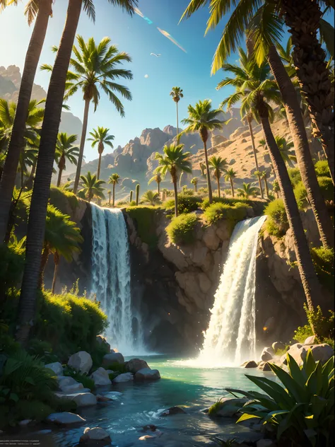 Palm Tree desert island, beautiful deset island, palm trees, small waterfall, queen of the desert island sit on the palm tree throne, realistic, detailed portrait, AMD FidelityFX delity Super resolution 3, shinning effects, cinematic light, green Sea, Ray ...