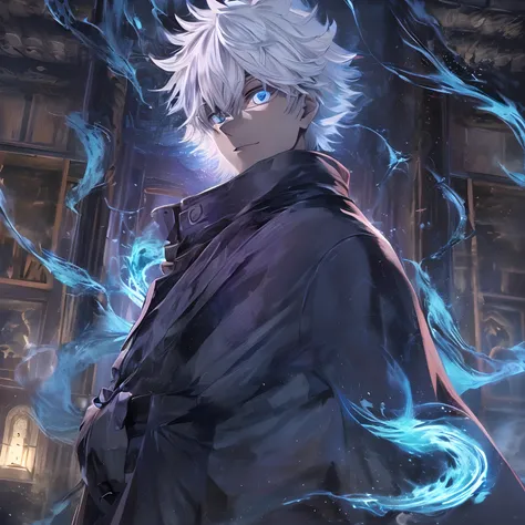 (masterpiece, illustration, anime:1.3), 1 person, Satoru Gojo from Jujutsu Kaisen, (classic black attire:1.2), standing inside a temple at night, (messy white hair:1.1), (blue eyes emitting blue light:1.2), (calm expression:1.1), (uncovered eyes:1.1), (pow...