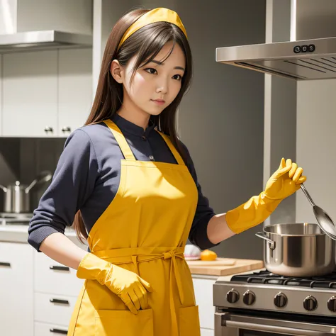 A woman wearing an apron and yellow rubber gloves holds the goods，Facing range hoods。