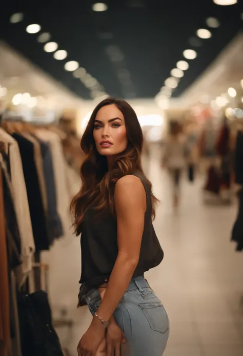 (Megan Fox) person posing in a mall clothing store, best quality, 1girl, blur background, bokeh, (mall:1.4), ((wearing casual clothes)), beatiful detailed sky, (dynamic pose:1), soft ligthing, wind, ((portait:1.4)),