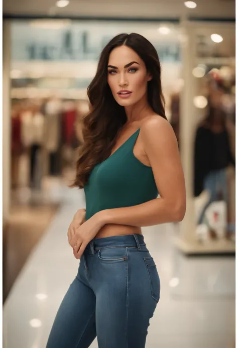 (Megan Fox) person posing in a mall clothing store, best quality, 1girl, blur background, bokeh, (mall:1.4), ((wearing casual clothes)), beatiful detailed sky, (dynamic pose:1), soft ligthing, wind, ((portait:1.4)),