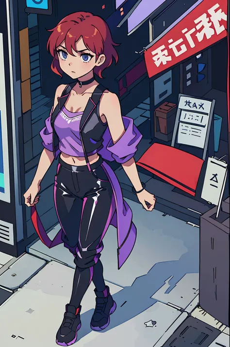 (best-quality:0.8), (best-quality:0.8), perfect anime illustration, pretty woman walking through the city, short red hair, violet vest, midriff, bare shoulders, black latex pants, choker