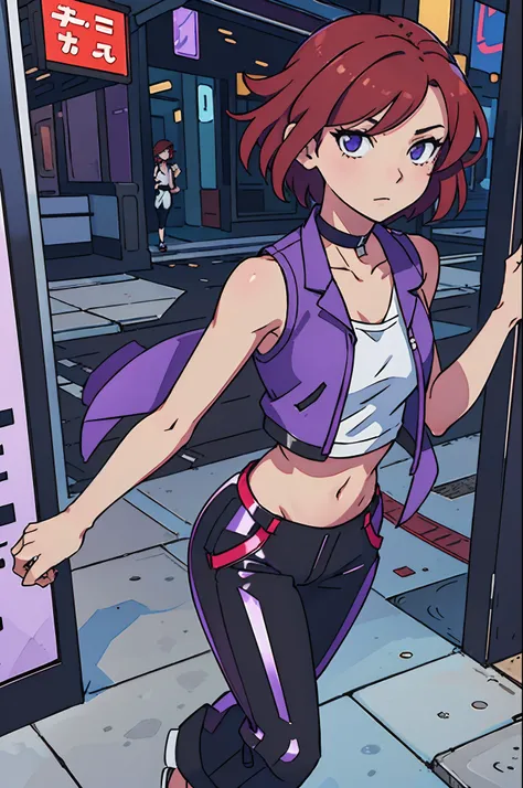 (best-quality:0.8), (best-quality:0.8), perfect anime illustration, pretty woman walking through the city, short red hair, violet vest, midriff, bare shoulders, black latex pants, choker