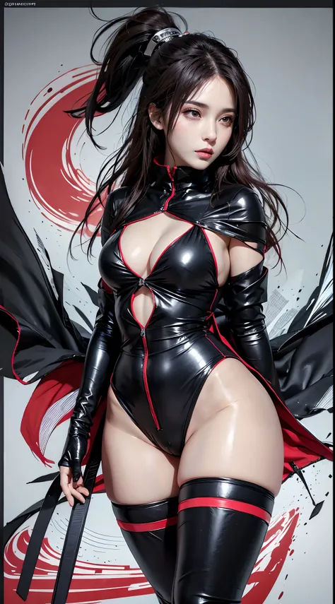 Best quality, masterpiece, high resolution, (perfect body shape), 1girl, detailed face, thick thighs, AKATSUKI OUTFIT, ninja, black cloak, black coat, forehead protector, sharingan eyes