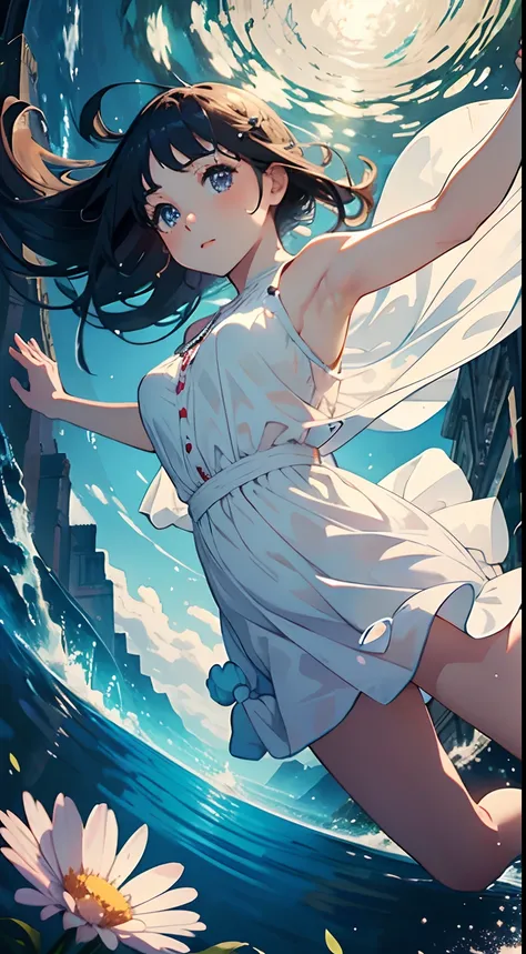 masterpiece, a cute girl falling in a river, falling_blur, cosmic, reflections, cosmos, best quality, wallpaper, white dress, epic, depth , gorgeous, intricate, detailed, from side, perspective, moviment,