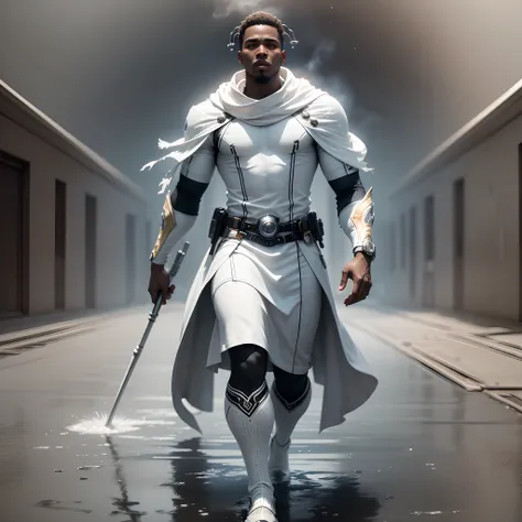 black man dressed in white coloured African designed clothes, walking on a wet surface covered by white smoke, all white coloured in scene, cgsociety 9, sci-fi, with iridescent light, 32k, ultra HD, unreal engine rendered, cinematic lighting,  bright and v...