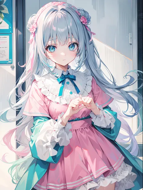 Gray-pink bangs，Blue-green eyes，Its a cute girl