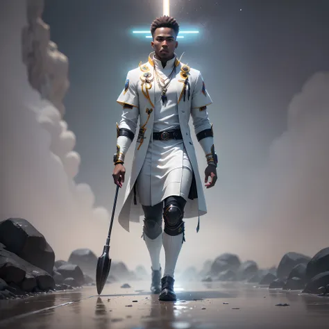 black man dressed in white coloured African designed clothes, walking on a wet surface covered by white smoke, all white coloured in scene, cgsociety 9, sci-fi, with iridescent light, 32k, ultra HD, unreal engine rendered, cinematic lighting,  bright and v...