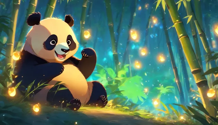 KIDS ILLUSTRATION，Silent night, Quiet bamboo forest, Bamboo leaves fall in the wind,Cute and cute giant panda cubs，fatty，Holding bamboo shoots， Full moon in the sky, fireflies flying，（（oc rendered））