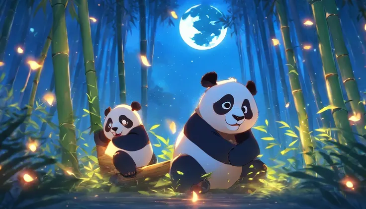 KIDS ILLUSTRATION，Silent night, Quiet bamboo forest, Bamboo leaves fall in the wind,Cute and cute giant panda cubs，fatty，Holding bamboo shoots， Full moon in the sky, fireflies flying，（（oc rendered））