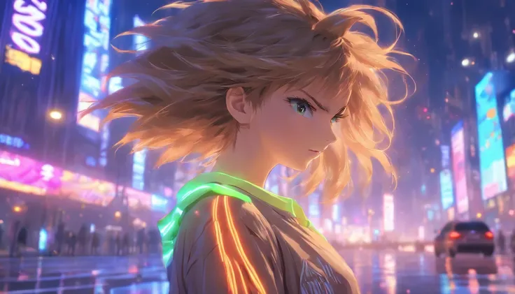 girl, look at sky, long light brown hair, hair on the wind, skinny pants, gray blouse, adidas Grand Court Se, night weather, middle of the city, neon, background people and cars