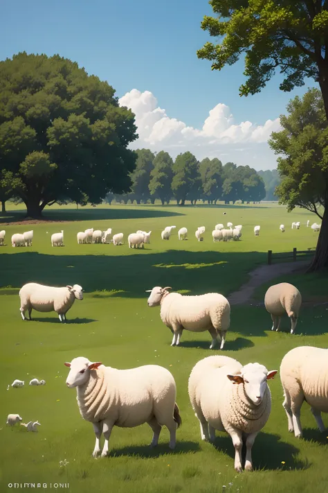 A group of sheep eating grass in an old anime battery