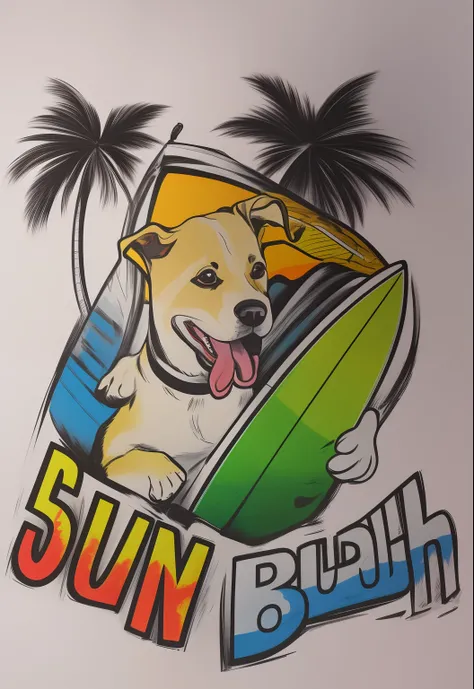 High-quality vectorized drawing of a Labrador dog with tongue on its side and bulging eyes with a surfboard and a sun beach sign, desenho colorido