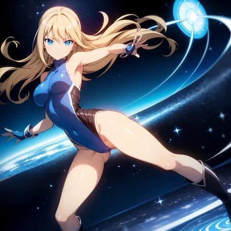 masterpiece, best quality, highres, 1girl, solo, superhero, leotard, bare legs, boots, matching boots, aura, blue aura, sleeveless, gloves, bracelets, matching gloves, looking at viewer, light particles, space backdrop, perfect hands, perfect eyes, powerin...