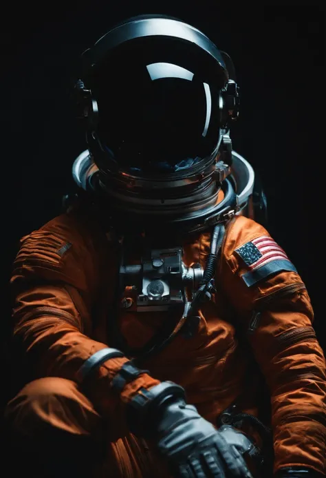 Young black astronaut with helmet in hand and looking straight ahead