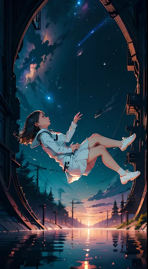 masterpiece, a cute girl falling in a river, falling_blur, cosmic, reflections, cosmos, best quality, wallpaper, space suit, epi...