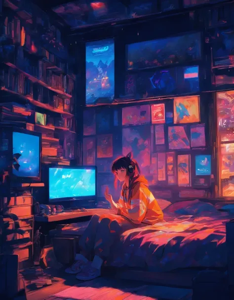 There was a girl sitting on the bed in the room playing video games, Big TV, Teen room with books, Cyberpunk, inspired by Liam Wong, At night, Dark room, lo-fi illustration style, gaming bedroom, Study in the room, Cyril tumbled and meters.Kaluta, Teen roo...