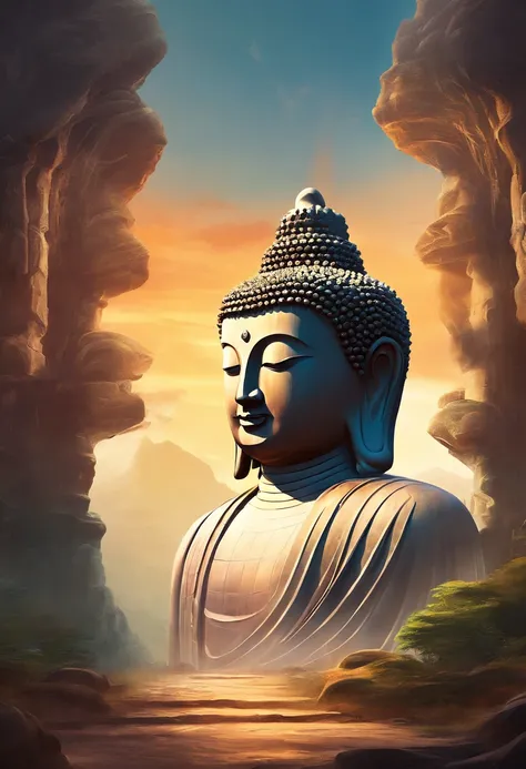 Giant Buddha statue in the distance, stone, Texture, Tall, Majestic, The background is illuminated by sunlight，inverted image，Lateral face，Pilgrims on the road