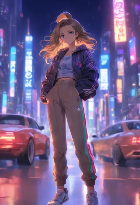 girl, look at sky, long light brown hair, skinny pants, gray blouse, adidas Grand Court Se, night weather, middle of the city, neon, background people and cars, fullbody view