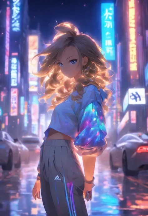 girl, look at sky, long light brown hair, skinny pants, gray blouse, adidas Grand Court Se, night weather, middle of the city, neon, background people and cars, fullbody view