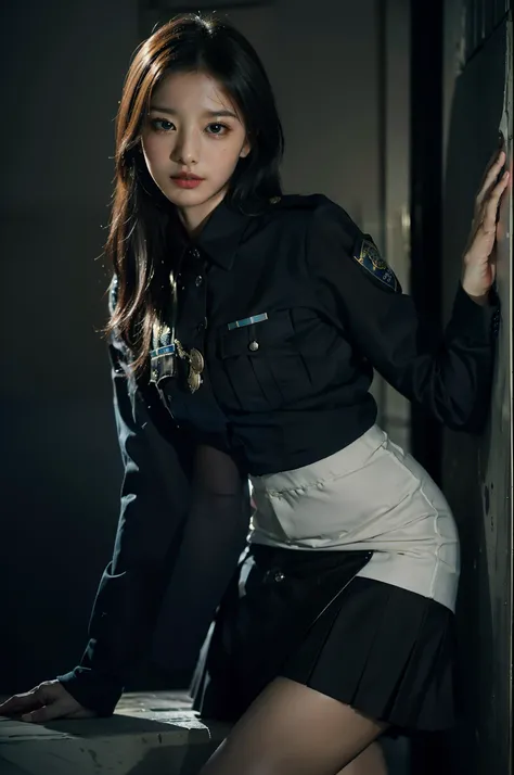 (((Masterpiece, artwork, detailed, portrait))) ((Police Girl, Reveling Police Uniform,  Skirt, Cute and Elegant, Dramatically Posing)) Lovely, hand cliff, sexy, attractive, Night, Dark atmosphere, ambient lighting, long hair, open top buttons